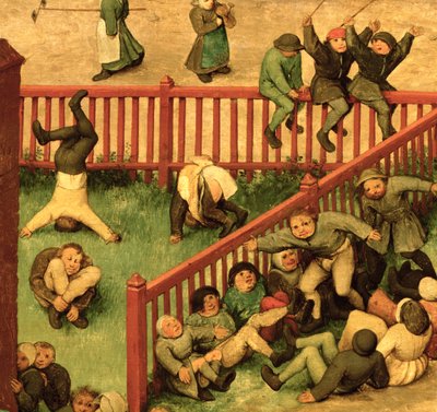 Kinderspiele: Detail des linken Abschnitts, der Kinder zeigt, die den Spießrutenlauf machen, Gymnastik machen und auf einem Zaun balancieren, 1560 (Detail) von Pieter Bruegel the Elder